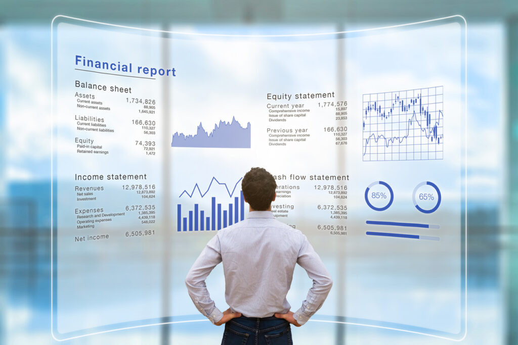 Businessman analysing financial report data company operations, balance sheet
